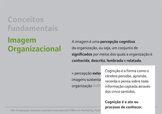 Pós-Graduação Uninorte Laureate International | MBA em Marketing, Publicidade e Propaganda | Abril/Maio de 2013
A imagem é uma percepção cognitiva
da organização, ou seja, um conjunto de
significados pormeios dos quais a organização é
conhecida, descrita, lembrada e relatada.
» percepção externa, abrangendo diferentes
imagens sustentadas pelos diversos públicos da
organização (HATCH e SCHULTZ, 1997)
Conceitos
fundamentais
Imagem
Organizacional
Pós-Graduação Uninorte Laureate International | MBA em Marketing, Publicidade e Propaganda | Abril/Maio de 2013
A imagem é uma percepção cognitiva
da organização, ou seja, um conjunto de
significados pormeios dos quais a organização é
conhecida, descrita, lembrada e relatada.
» percepção externa, abrangendo diferentes
imagens sustentadas pelos diversos públicos da
organização (HATCH e SCHULTZ, 1997)
Conceitos
fundamentais
Imagem
Organizacional
Cognição é a forma como o
cérebro percebe, aprende,
recorda e pensa sobre toda
informação captada através
dos cinco sentidos.
Cognição é o ato ou
processo de conhecer.
 