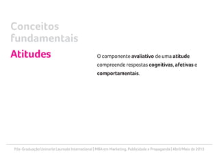 Pós-Graduação Uninorte Laureate International | MBA em Marketing, Publicidade e Propaganda | Abril/Maio de 2013
O componente avaliativo de uma atitude
compreende respostas cognitivas, afetivas e
comportamentais.
Conceitos
fundamentais
Atitudes
 