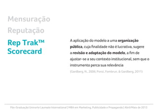 Pós-Graduação Uninorte Laureate International | MBA em Marketing, Publicidade e Propaganda | Abril/Maio de 2013
A aplicação do modelo a uma organização
pública, cuja finalidade não é lucrativa, sugere
a revisão e adaptação do modelo, a fim de
ajustar-se a seu contexto institucional, sem que o
instrumento perca sua relevância
(Gardberg, N., 2006; Ponzi, Fombrun, & Gardberg, 2011)
Mensuração
Reputação
Rep Trak™
Scorecard
 