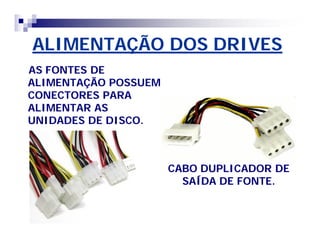 ALIMENTAÇÃO DOS DRIVES 
AS FONTES DE 
ALIMENTAÇÃO POSSUEM 
CONECTORES PARA 
ALIMENTAR AS 
UNIDADES DE DISCO. 
CABO DUPLICADOR DE 
SAÍDA DE FONTE. 
 