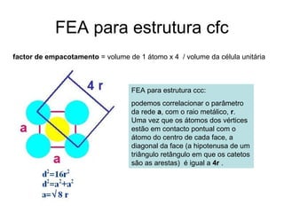 FEA para estrutura cfc
FEA para estrutura ccc:
podemos correlacionar o parâmetro
da rede a, com o raio metálico, r.
Uma vez que os átomos dos vértices
estão em contacto pontual com o
átomo do centro de cada face, a
diagonal da face (a hipotenusa de um
triângulo retângulo em que os catetos
são as arestas) é igual a 4r .
factor de empacotamento = volume de 1 átomo x 4 / volume da célula unitária
 