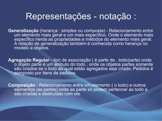 Representações - notação :
Generalização (herança : simples ou composta) - Relacionamento entre
  um elemento mais geral e um mais específico. Onde o elemento mais
  específico herda as propriedades e métodos do elemento mais geral.
  A relação de generalização também é conhecida como herança no
  modelo a objetos.

Agregação Regular - tipo de associação ( é parte de , todo/parte) onde
  o objeto parte é um atributo do todo ; onde os objetos partes somente
  são criados se o todo ao qual estão agregados seja criado. Pedidos é
  composto por itens de pedidos.

Composição - Relacionamento entre um elemento ( o todo) e outros
  elementos (as partes) onde as parte só podem pertencer ao todo e
  são criadas e destruídas com ele.
 