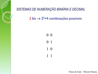 SISTEMAS DE NUMERAÇÃO BINÁRIA E DECIMAL

       2 bit  22=4 combinações possíveis



                  0 0
                  0 1
                  1 0
                  1 1



                                Notas de Aula – Moisés Omena
 