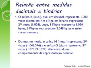 Relacão entre medidas
decimais e binárias
• O sufixo K (kilo-), que, em decimal, representa 1.000
  vezes (como em Km e Kg), em binário representa
  210 vezes (1.024). Logo, 1 Kbyte representa 1.024
  bytes, 2 Kbytes representam 2.048 bytes e assim
  sucessivamente.

• Do mesmo modo, o sufixo M (mega-) representa 220
  vezes (1.048.576) e o sufixo G (giga-) representa 230
  vezes (1.073.741.824), diferenciando-se
  completamente da representação decimal.


                                     Notas de Aula – Moisés Omena
 