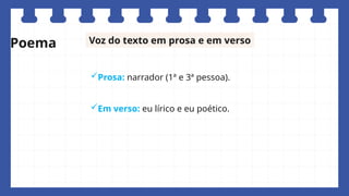 Prosa: narrador (1ª e 3ª pessoa).
Em verso: eu lírico e eu poético.
Voz do texto em prosa e em verso
Poema
 