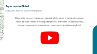 Então, como acontece o aquecimento global?
Aquecimento Global
O aumento na concentração dos gases de efeito estufa provoca alteração nas
trocas de calor, ficando a maior parte retida na atmosfera. Em consequência,
ocorre o aumento da temperatura, o que causa o aquecimento global.
 
