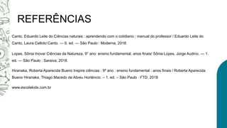 REFERÊNCIAS
Canto, Eduardo Leite do Ciências naturais : aprendendo com o cotidiano : manual do professor / Eduardo Leite do
Canto, Laura Celloto Canto. — 6. ed. — São Paulo : Moderna, 2018.
Lopes, Sônia Inovar Ciências da Natureza, 9° ano: ensino fundamental, anos finais/ Sônia Lopes, Jorge Audino. — 1.
ed. — São Paulo : Saraiva, 2018.
Hiranaka, Roberta Aparecida Bueno Inspire ciências : 9º ano : ensino fundamental : anos finais / Roberta Aparecida
Bueno Hiranaka, Thiago Macedo de Abreu Hortêncio. – 1. ed. – São Paulo : FTD, 2018
www.escolakids.com.br
 