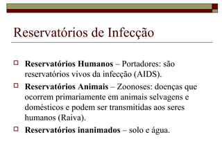 Reservatórios de Infecção
 Reservatórios Humanos – Portadores: são
reservatórios vivos da infecção (AIDS).
 Reservatórios Animais – Zoonoses: doenças que
ocorrem primariamente em animais selvagens e
domésticos e podem ser transmitidas aos seres
humanos (Raiva).
 Reservatórios inanimados – solo e água.
 