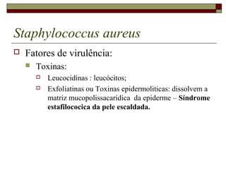 Staphylococcus aureus
 Fatores de virulência:
 Toxinas:
 Leucocidinas : leucócitos;
 Exfoliatinas ou Toxinas epidermoliticas: dissolvem a
matriz mucopolissacaridica da epiderme – Síndrome
estafilococica da pele escaldada.
 