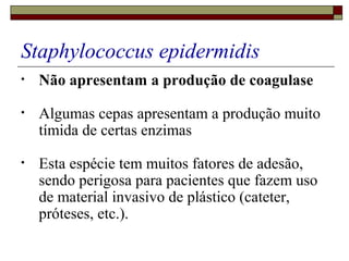Staphylococcus epidermidis
• Não apresentam a produção de coagulase
• Algumas cepas apresentam a produção muito
tímida de certas enzimas
• Esta espécie tem muitos fatores de adesão,
sendo perigosa para pacientes que fazem uso
de material invasivo de plástico (cateter,
próteses, etc.).
 