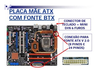 PLACA MÃEPLACA MÃE ATXATX
COM FONTECOM FONTE BTXBTX
CONEXÃO PARACONEXÃO PARA
FONTEFONTE ATXATX V 2.0V 2.0
(8 PINOS E(8 PINOS E
24 PINOS)24 PINOS)
CONECTOR DECONECTOR DE
TECLADO = MINITECLADO = MINI
DIN 6 FUROSDIN 6 FUROS
 
