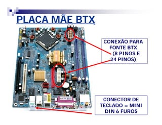 PLACA MÃE BTXPLACA MÃE BTX
CONEXÃO PARA
FONTE BTX
(8 PINOS E
24 PINOS)
CONECTOR DE
TECLADO = MINI
DIN 6 FUROS
 