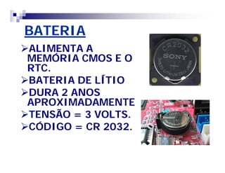 BATERIABATERIA
ALIMENTA AALIMENTA A
MEMÓRIA CMOS E OMEMÓRIA CMOS E O
RTC.RTC.
BATERIA DE LÍTIOBATERIA DE LÍTIO
DURA 2 ANOSDURA 2 ANOS
APROXIMADAMENTEAPROXIMADAMENTE
TENSÃO = 3 VOLTS.TENSÃO = 3 VOLTS.
CÓDIGO = CR 2032.CÓDIGO = CR 2032.
 