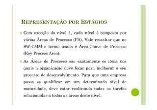 REPRESENTAÇÃO POR ESTÁGIOS
Com exceção do nível 1, cada nível é composto por
várias Áreas de Processo (PA). Vale ressaltar que no
SW-CMM o termo usado é Área-Chave de Processo
(Key Process Area).
As Áreas de Processo são exatamente os itens nos
quais a organização deve focar para melhorar o seu
processo de desenvolvimento. Para que uma empresa
possa se qualificar em um determinado nível de
maturidade, deve estar realizando todas as tarefas
relacionadas a todas as áreas deste nível.
 