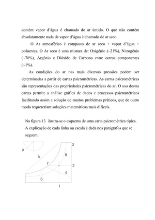 contém vapor d’água é chamado de ar úmido. O que não contém
absolutamente nada de vapor d’água é chamado de ar seco.
O Ar atmosférico é composto de ar seco + vapor d’água +
poluentes. O Ar seco é uma mistura de: Oxigênio (~21%), Nitrogênio
(~78%), Argônio e Dióxido de Carbono entre outros componentes
(~1%).
As condições do ar nas mais diversas pressões podem ser
determinadas a partir de cartas psicrométricas. As cartas psicrométricas
são representações das propriedades psicrométricas do ar. O uso destas
cartas permite a análise gráfica de dados e processos psicrométricos
facilitando assim a solução de muitos problemas práticos, que de outro
modo requereriam soluções matemáticas mais difíceis.
Na figura 13 ilustra-se o esquema de uma carta psicrométrica típica.
A explicação de cada linha ou escala é dada nos parágrafos que se
seguem.
1
2
4
6
5
7
8
3
9
 