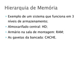 } Exemplo de um sistema que funciona em 3
níveis de armazenamento;
} Almoxarifado central: HD;
} Armário na sala de montagem: RAM;
} As gavetas da bancada: CACHE.
Hierarquia de Memória
 