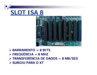 SLOT ISA 8 
 BARRAMENTO = 8 BITS 
 FREQÜÊNCIA = 8 MHZ 
 TRANSFERÊNCIA DE DADOS = 8 MB/SEG 
 SURGIU PARA O XT 
 