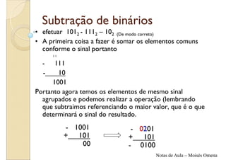 Subtração de binários
• efetuar 1012 - 1112 – 102 (De modo correto)
• A primeira coisa a fazer é somar os elementos comuns
  conforme o sinal portanto
      11

  -    111
  -     10
      1001
Portanto agora temos os elementos de mesmo sinal
  agrupados e podemos realizar a operação (lembrando
  que subtraimos referenciando o maior valor, que é o que
  determinará o sinal do resultado.
           - 1001               - 0201
           + 101               + 101
               00              - 0100
                                         Notas de Aula – Moisés Omena
 