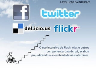 A EVOLUÇÃO DA INTERFACE




      O uso intensivo de Flash, Ajax e outros
           componentes JavaScript, acabou
prejudicando a acessibilidade nas interfaces.
 