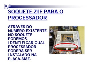 SOQUETE ZIF PARA O 
PROCESSADOR 
ATRAVÉS DO 
NÚMERO EXISTENTE 
NO SOQUETE 
PODEMOS 
IDENTIFICAR QUAL 
PROCESSADOR 
PODERÁ SER 
INSTALADO NA 
PLACA-MÃE. 
 