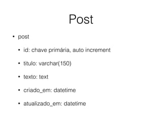 Post
• post
• id: chave primária, auto increment
• titulo: varchar(150)
• texto: text
• criado_em: datetime
• atualizado_em: datetime
 