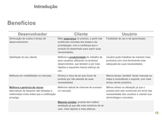 Introdução
13
Desenvolvedor Cliente Usuário
Diminuição de custos e tempo de
desenvolvimento.
Mais segurança no produto, a partir das
evidências oriundas dos testes e da
prototipação, com a confiança que o
produto foi desenhado para suprir suas
necessidades.
Facilidade de uso e de aprendizado.
Satisfação do seu cliente. Melhora a produtividade do trabalho de
seus usuários utilizando os produtos
desenvolvidos, que tendem a ser mais
rápidos e requerem menos esforço de
uso.
Usuário pode trabalhar de maneira mais
produtiva com uma ferramenta mais
adequada às suas necessidades.
Melhoria em credibilidade no mercado. Diminui o risco de ter que trocar de
produto por não atender às suas
necessidades
Menos tempo “perdido” lendo manuais ou
helps e consultando o suporte, com mais
tempo sendo produtivo.
Melhora a gerência de riscos:
alternativas de desenho são testadas e
melhoradas muito antes que a codificação
prossiga.
Melhoria radical de chances de sucesso
no mercado.
Menos stress na utilização já que o
produto terá sido construído em torno das
necessidades dos usuários e usando sua
terminologia e conceitos.
Maiores vendas: produto tem melhor
aceitação já que são mais indutivos de se
usar, mais rápidos e mais efetivos.
Benefícios
 