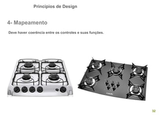 Princípios de Design
32
4- Mapeamento
Deve haver coerência entre os controles e suas funções.
 