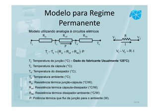 Modelo para Regime
Permanente
Modelo utilizando analogia à circuitos elétricos
Rcd RdaRjc
TaTdTcTj
P
Tj: Temperatura de junção (°C) – Dado do fabricante Usualmente 125°C);
Tc: Temperatura da cápsula (°C);
Td: Temperatura do dissipador (°C);
Ta: Temperatura ambiente (°C);
Rjc: Resistência térmica junção-cápsula (°C/W);
Rcd: Resistência térmica cápsula-dissipador (°C/W);
Rda: Resistência térmica dissipador-ambiente (°C/W);
P: Potência térmica que flui da junção para o ambiente (W).
1 2V V R I− = ⋅
R
I
V2V1
( )j a jc cd daT T R R R P− = + + ⋅
10/16
 
