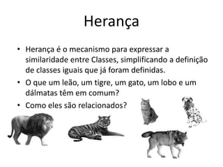 Herança
• Herança é o mecanismo para expressar a
similaridade entre Classes, simplificando a definição
de classes iguais que já foram definidas.
• O que um leão, um tigre, um gato, um lobo e um
dálmatas têm em comum?
• Como eles são relacionados?
 