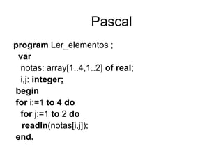 Pascal program  Ler_elementos ; var notas: array[1..4,1..2]  of real ; i,j:  integer; begin for  i:=1  to 4   do for  j:=1  to  2  do readln (notas[i,j]); end. 
