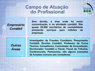 Campo de Atuação  do Profissional Empresário Contábil Outras Áreas Sem dúvida, a área onde há maior concentração, é na atividade contábil. São quase 50.000 escritórios de contabilidade prestando serviços para milhões de empresas. Investigador de Fraudes Contábeis, Pesquisador Contábil, Escritor Contábil, Professor de Curso Técnico, Conselheiro, Controlador de Arrecadação, Escriturador Contábil e Fiscal, Fiscal de Tributos, Conferencista, Parecerista, são alguns exemplos de funções comuns aos contadores. 