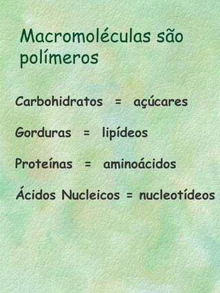 Macromoléculas são
polímeros
Carbohidratos = açúcares
Gorduras = lipídeos
Proteínas = aminoácidos
Ácidos Nucleicos = nucleotídeos
 