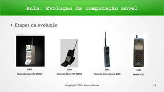 Copyright © 2016 Janynne Gomes 14
●
Etapas da evolução
Aula: Evoluçao da computação móvel
1983
Motorola DynaTAC 8000X
1989
Motorola MicroTAC 9800X
1992
Motorola International 3200
1992
Nokia 1011
 