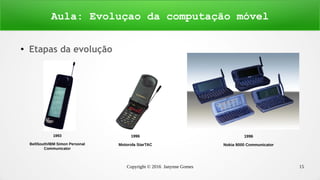 Copyright © 2016 Janynne Gomes 15
●
Etapas da evolução
Aula: Evoluçao da computação móvel
1993
BellSouth/IBM Simon Personal
Communicator
1996
Motorola StarTAC
1996
Nokia 9000 Communicator
 