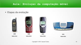 Copyright © 2016 Janynne Gomes 16
●
Etapas da evolução
Aula: Evoluçao da computação móvel
1998
Nokia 5110
1999
Nokia 8210
2000
Nokia 3310
2001
Nokia 5510
 