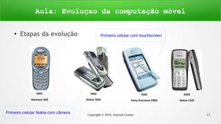 Copyright © 2016 Janynne Gomes 17
●
Etapas da evolução
Aula: Evoluçao da computação móvel
2001
Siemens S45
2002
Nokia 7650
2002
Sony Ericsson P800
2003
Nokia 1100
Primeiro celular Nokia com câmera
Primeiro celular com touchscreen
 