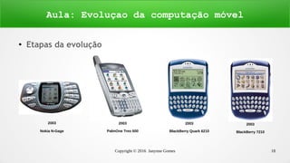 Copyright © 2016 Janynne Gomes 18
●
Etapas da evolução
Aula: Evoluçao da computação móvel
2003
Nokia N-Gage
2003
PalmOne Treo 600
2003
BlackBerry Quark 6210
2003
BlackBerry 7210
 