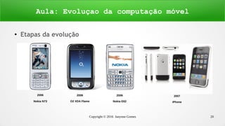 Copyright © 2016 Janynne Gomes 20
●
Etapas da evolução
Aula: Evoluçao da computação móvel
2006
Nokia N73
2006
O2 XDA Flame
2006
Nokia E62
2007
iPhone
 