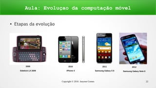 Copyright © 2016 Janynne Gomes 22
●
Etapas da evolução
Aula: Evoluçao da computação móvel
2009
Sidekick LX 2009
2010
iPhone 4
2011
Samsung Galaxy S II
2012
Samsung Galaxy Note II
 