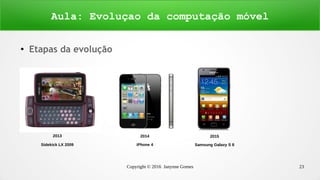 Copyright © 2016 Janynne Gomes 23
●
Etapas da evolução
Aula: Evoluçao da computação móvel
2013
Sidekick LX 2009
2014
iPhone 4
2015
Samsung Galaxy S II
 