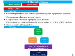 3. Materiais e Métodos
E da inteira responsabilidade do formando possuir os seguintes equipamentos e recursos:
• Computador ou celular com acesso a internet;
• Computador ou celular com o programa Zoom instalado;
• Computador com o Microsoft Power B.I. com as versões 2015/2016 ou 2019 instaladas.
• Pastas de arquivo e Bases de Dados.
Modelo Online
iii
Métodos
Inicio do
Curso Power
B.I..
Aulas Teóricas
(20%)
Aulas Praticas
(80%)
Teste 1: (14 Outubro de 2022)
Teste 2: (21 de Outubro de 2022)
Exame:
( 28 de Outubro de 2022 )
Materiais
Modelo Presencial Modelo Online
 