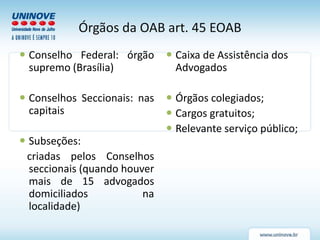Órgãos da OAB art. 45 EOAB
 Conselho Federal: órgão
supremo (Brasília)
 Conselhos Seccionais: nas
capitais
 Subseções:
criadas pelos Conselhos
seccionais (quando houver
mais de 15 advogados
domiciliados na
localidade)
 Caixa de Assistência dos
Advogados
 Órgãos colegiados;
 Cargos gratuitos;
 Relevante serviço público;
 
