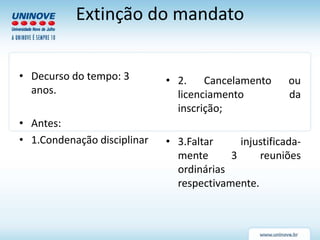 Extinção do mandato
• Decurso do tempo: 3
anos.
• Antes:
• 1.Condenação disciplinar
• 2. Cancelamento ou
licenciamento da
inscrição;
• 3.Faltar injustificada-
mente 3 reuniões
ordinárias
respectivamente.
 