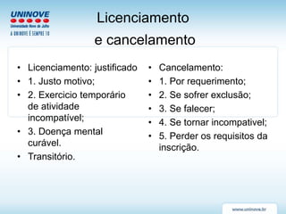 Licenciamento
e cancelamento
• Licenciamento: justificado
• 1. Justo motivo;
• 2. Exercicio temporário
de atividade
incompatível;
• 3. Doença mental
curável.
• Transitório.
• Cancelamento:
• 1. Por requerimento;
• 2. Se sofrer exclusão;
• 3. Se falecer;
• 4. Se tornar incompativel;
• 5. Perder os requisitos da
inscrição.
 