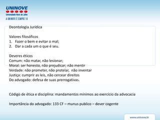 Deontologia Jurídica
Valores filosóficos
1. Fazer o bem e evitar o mal;
2. Dar a cada um o que é seu.
Deveres éticos
Comum: não matar, não lesionar;
Moral: ser honesto, não prejudicar; não mentir
Verdade: não prometer, não protelar, não inventar
Justiça: cumprir as leis, não cercear direitos
Do advogado: defesa de suas prerrogativas.
Código de ética e disciplina: mandamentos mínimos ao exercício da advocacia
Importância do advogado: 133 CF – munus publico – dever cogente
 