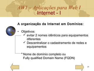AW1 – Aplicações para Web I
Internet - I
19
A organização da Internet em Domínios:A organização da Internet em Domínios:
• Objetivos:
 evitar 2 nomes idênticos para equipamentos
diferentes
 Descentralizar o cadastramento de redes e
equipamentos
Nome de domínio completo ou
Fully qualified Domain Name (FQDN)
 