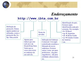 21
EndereçamentoEndereçamento
http://www.ibta.com.br
Definição do
protocolo. Outras
opções podem ser
utilizadas, como o
protocolo ftp. Ex.:
ftp://ibta.com.br
Definição do
protocolo. Outras
opções podem ser
utilizadas, como o
protocolo ftp. Ex.:
ftp://ibta.com.br
Apenas para
indicar que este
web site é da
World Wide Web.
Tanto que as
vezes nem existe
no endereço de
um web site.
Apenas para
indicar que este
web site é da
World Wide Web.
Tanto que as
vezes nem existe
no endereço de
um web site.
Nome do
servidor.
Nome do
servidor.
Indicação de Endereço
Comercial. Um orgão
centralizado coordena a
liberação de novos
endereços. Existem
outros, como .pro para
professores, .eng para
engenheiros, .edu para
entidades educacionais,
etc.
Indicação de Endereço
Comercial. Um orgão
centralizado coordena a
liberação de novos
endereços. Existem
outros, como .pro para
professores, .eng para
engenheiros, .edu para
entidades educacionais,
etc.
Identificação do país.
Existem siglas
identificando cada país
existente. Por exemplo:
• br  Brasil
• ag  Argentina
• uk  Reino Unido
• us  Estados Unidos
da América
• etc
Identificação do país.
Existem siglas
identificando cada país
existente. Por exemplo:
• br  Brasil
• ag  Argentina
• uk  Reino Unido
• us  Estados Unidos
da América
• etc
 