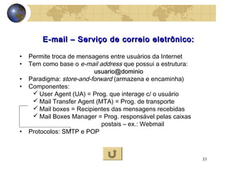 33
E-mail – Serviço de correio eletrônico:E-mail – Serviço de correio eletrônico:
• Permite troca de mensagens entre usuários da Internet
• Tem como base o e-mail address que possui a estrutura:
usuario@dominiousuario@dominio
• Paradigma: store-and-forward (armazena e encaminha)
• Componentes:
 User Agent (UA) = Prog. que interage c/ o usuário
 Mail Transfer Agent (MTA) = Prog. de transporte
 Mail boxes = Recipientes das mensagens recebidas
 Mail Boxes Manager = Prog. responsável pelas caixas
postais – ex.: Webmail
• Protocolos: SMTP e POP
 
