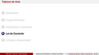 Tópicos da Aula
1 Introdução
2 Cargas Elétricas
3 Condutores e Isolantes
4 Lei de Coulomb
5 A Carga é Quantizada
MFL/AJS : Eng Civil - Eng Produção CARGAS ELÉTRICAS E A FORÇA ELÉTRICA Campus do Sertão - UFAL – Eixo de Tec 12 / 21
 