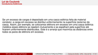 Lei de Coulomb
Condutores Esféricos
Se um excesso de cargas é depositado em uma casca esférica feita de material
condutor, a carga em excesso se distribui uniformemente na superfície (externa) da
casca. Assim, por exemplo, se colocamos elétrons em excesso em uma casca esférica
metálica esses elétrons se repelem mutuamente e se espalham pela superfície até
ficarem uniformemente distribuídos. Este é o arranjo que maximiza as distâncias entre
todos os pares de elétrons em excesso.
MFL/AJS : Eng Civil - Eng Produção CARGAS ELÉTRICAS E A FORÇA ELÉTRICA Campus do Sertão - UFAL – Eixo de Tec 17 / 21
 